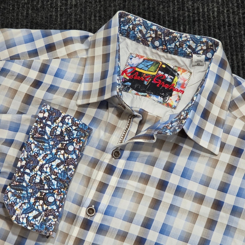 Robert Graham Button Down Men Large Blue Plaid Excellent Classic Fit Long Sleeve